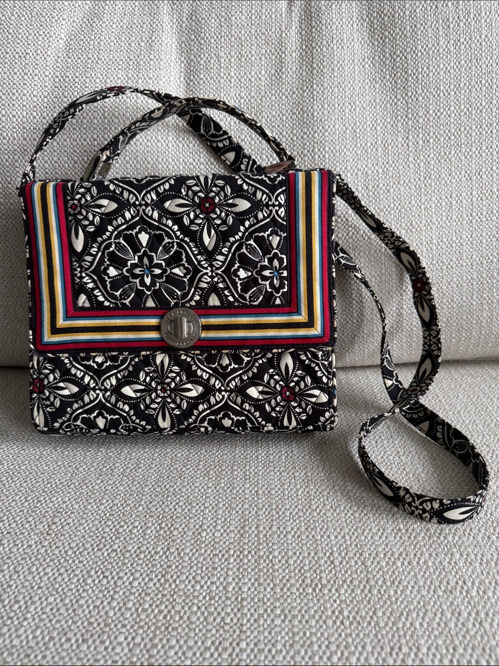 Vera Bradley; Black Floral Quilted Crossbody Bag with Multi-Color Trim